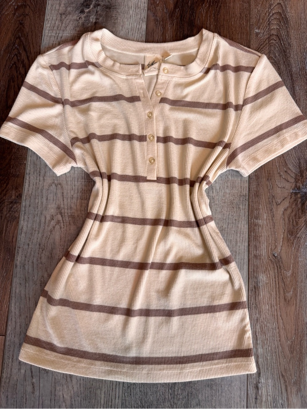 White Crow Striped Short-Sleeve Henley Top- Cream & Brown